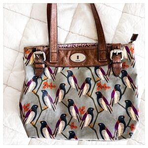 Fossil Gray and Brown Bird Print Tote